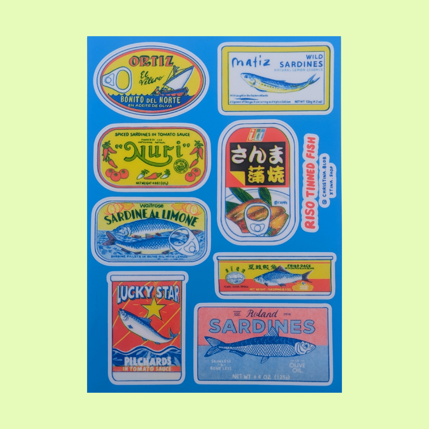 Tinned Fish Riso Sticker Sheet | 5"x7"