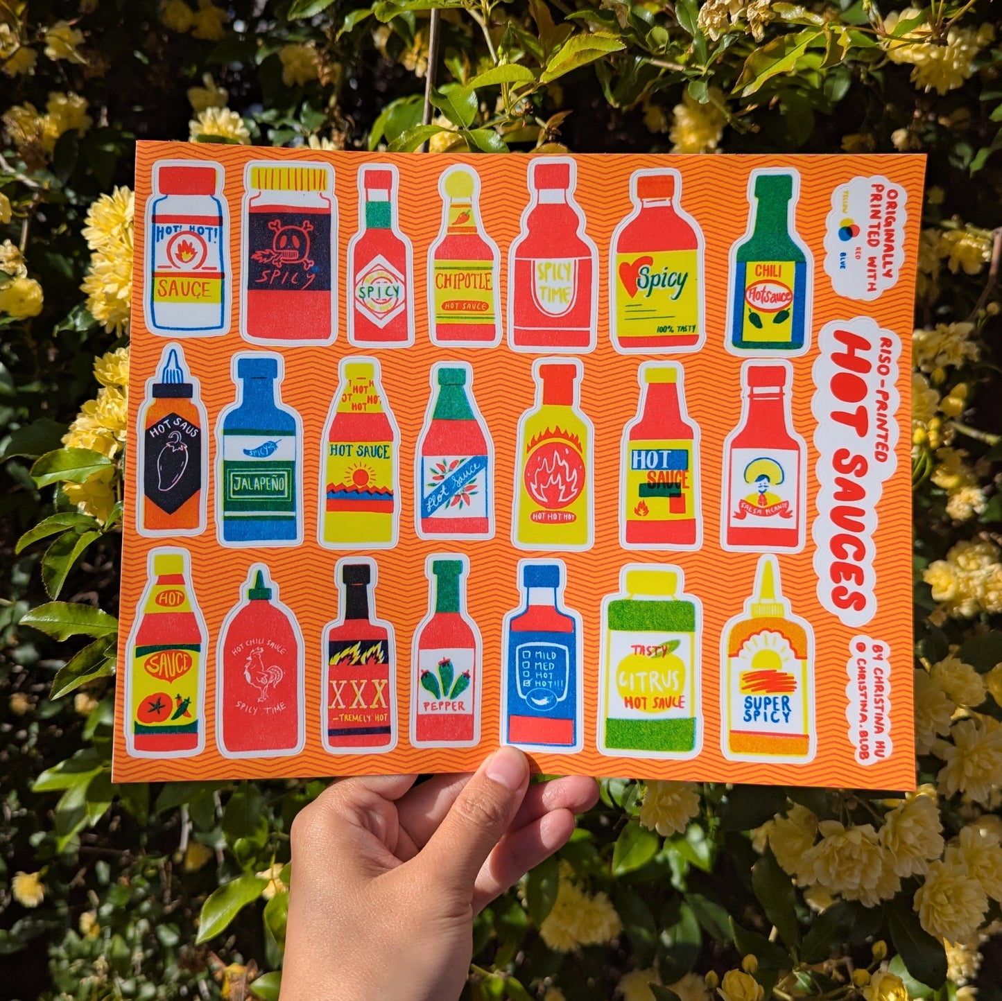 Hot Sauce Risograph Sticker Sheet | 10"x8" Waterproof Vinyl