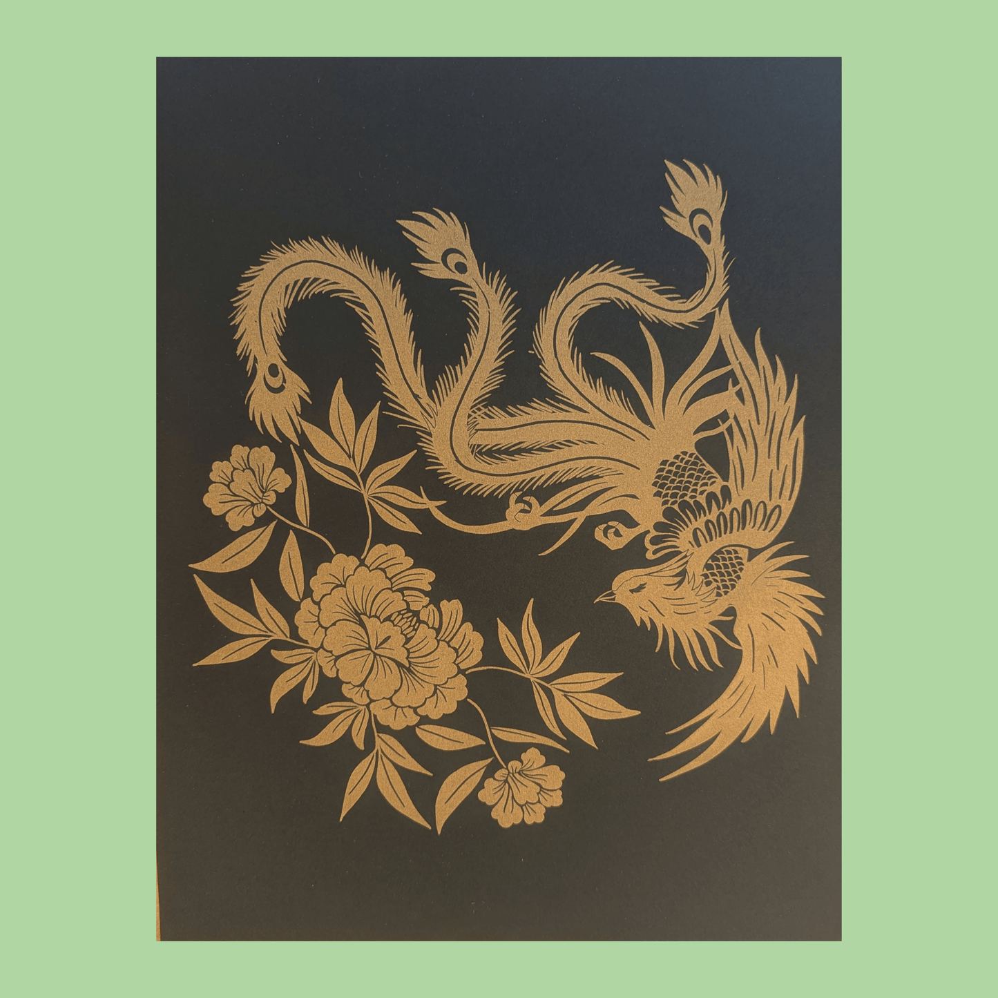 Phoenix and Peony Flowers | 8.5"x11" Risograph print