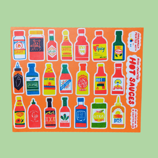Hot Sauce Risograph Sticker Sheet | 10"x8" Waterproof Vinyl