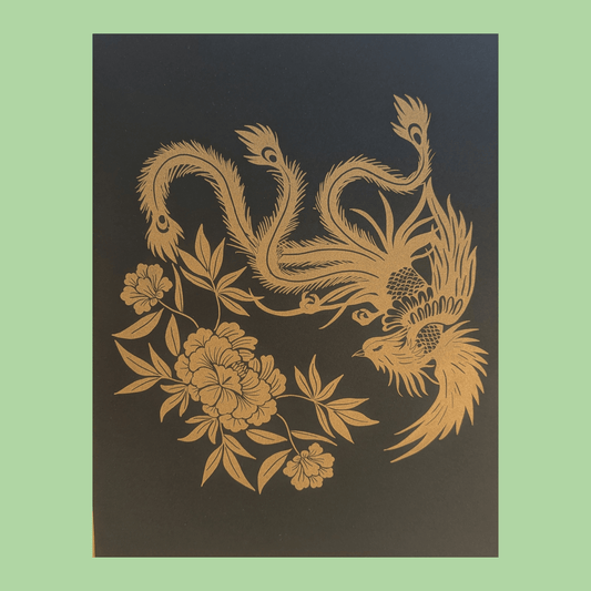 Phoenix and Peony Flowers | 8.5"x11" Risograph print